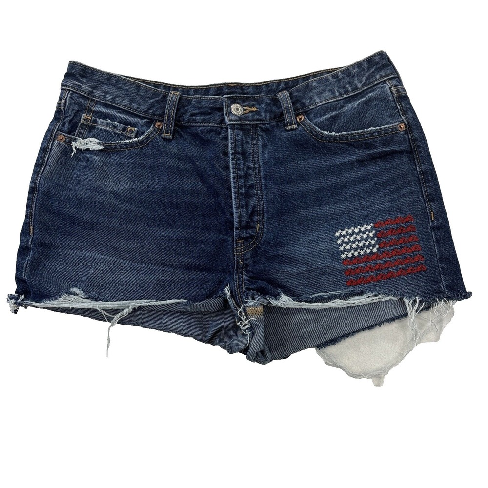 Old Navy Womens Jean Shorts 12 O.G.‎ High Rise Button fly Embroidered Flag USA